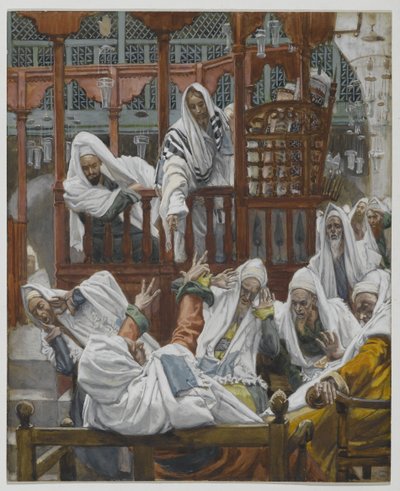 Den besatte mannen i synagogen, illustrasjon fra Vår Herre Jesu Kristi liv (wc over grafitt på papir) av James Jacques Joseph Tissot