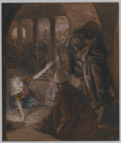 The Third Denial of Saint Peter - Jesus Look of Reproach, illustrasjon fra The Life of Our Lord Jesus Christ, 1886-94 (wc over grafitt på papir) av James Jacques Joseph Tissot