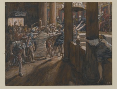 The Tribunal of Annas, illustrasjon fra The Life of Our Lord Jesus Christ, 1886-94 (wc over grafitt på papir) av James Jacques Joseph Tissot