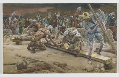 The Nail for the Feet, illustrasjon fra The Life of Our Lord Jesus Christ, 1886-94 (wc over grafitt på papir) av James Jacques Joseph Tissot