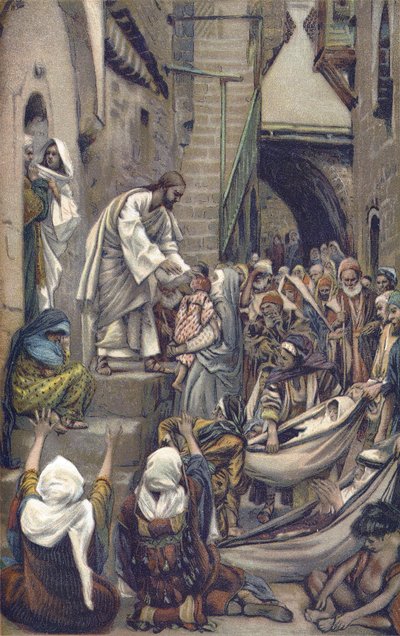 The whole city was gathered at the door - All the City Was Gathered Together at the Door - from “” The Life of Our Lord Jesus Christ”” - 1899 by James Tissot - And the whole city was gathered at its door - Mark 1:33 - The Life of Our Lord Jesus Christ, by  av James Jacques Joseph Tissot