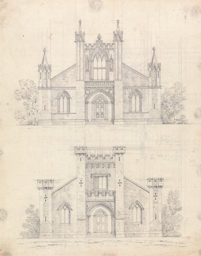 Forberedende tegning for design 12 og 13, plate 10 av A Collection of Designs for Rural Retreats av James Malton