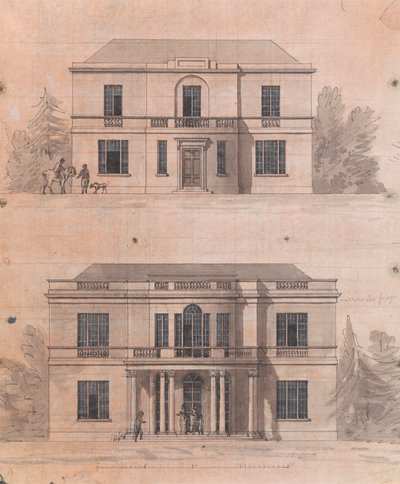 Forberedende tegning for design 7 og 8, plate 5 av en samling av design for landlige retreater av James Malton