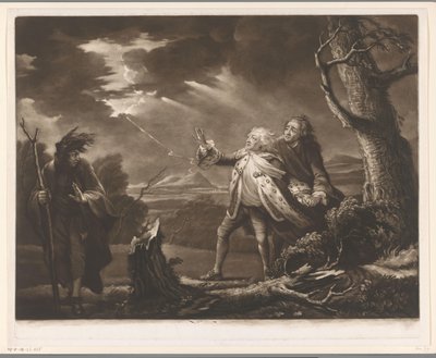 David Garrick som kong Lear med jarlen av Kent og Edgar forkledd som Tom i et stormfullt landskap av James McArdell