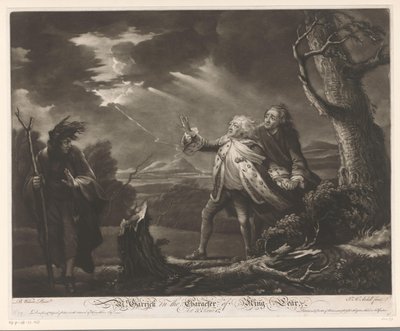David Garrick som kong Lear med jarlen av Kent og Edgar forkledd som Tom i et stormfullt landskap MR. Garrick i Character of King Lear (tittel på objekt) av James McArdell