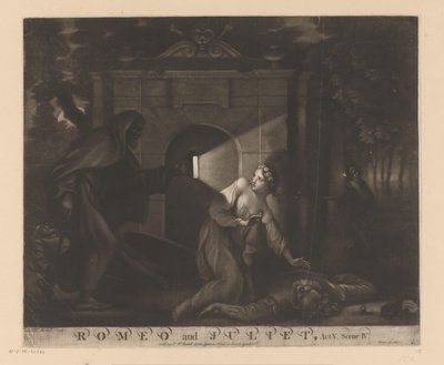 Juliet kneler ved Romeos kropp og ser på en munk med en lykt Romeo og Julie, Akt V. Scene IV. (tittel på objekt) av James McArdell