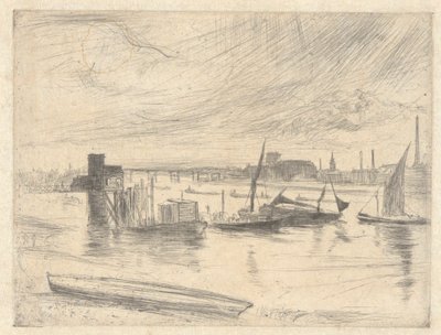 Battersea Dawn (Cadogan Pier), fra Thames Set (A Series of Sixteen Etchings of Scenes on Themsen and Other Subjects) av James Abbott McNeill Whistler