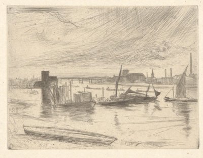 Battersea Dawn (Cadogan Pier), fra Thames Set (A Series of Sixteen Etchings of Scenes on Themsen and Other Subjects) av James Abbott McNeill Whistler