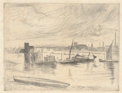 Gryning i Battersea (Cadogan Pier), fra Themsen-serien (en serie på seksten raderinger av scener ved Themsen og andre motiver) av James McNeill Whistler