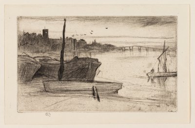 Chelsea Bridge og kirke av James Abbott McNeill Whistler