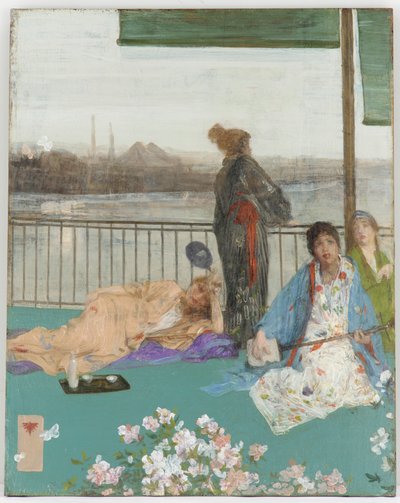 Variasjoner i kjøttfarge og grønt - Balkongen av James Abbott McNeill Whistler
