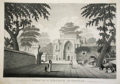 Utsikt over en moske ved Chunar, pub. 1810 gravering. av James Moffat