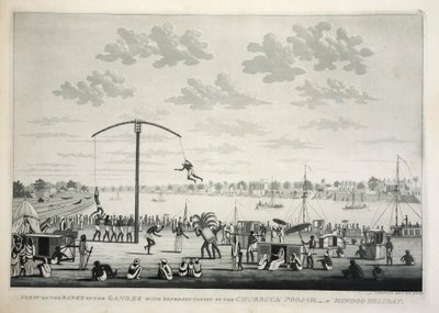 Utsikt over bredden av Ganges med representasjon av Churruck Poojah …, pub. 1810 gravering. av James Moffat