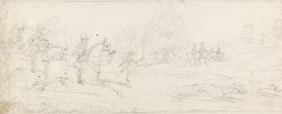 Coursing, en gruppe ryttere som galopperer fra venstre etter et par greyhounds (grafitt på papir) av James Pollard