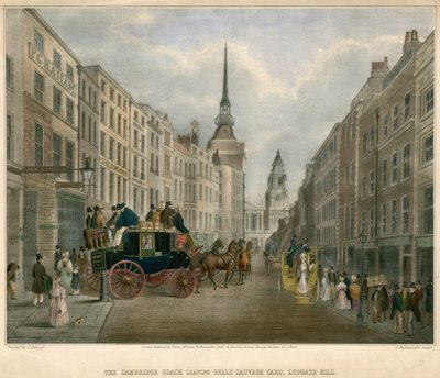 Cambridge-treneren forlater Belle Sauvage Yard, Ludgate Hill, London av James Pollard