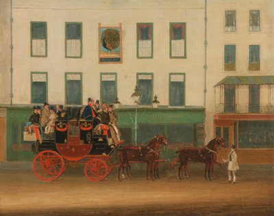 London-Manchester Stage Coach, "the Peveril of the Peak," utenfor Peacock Inn, Islington av James Pollard