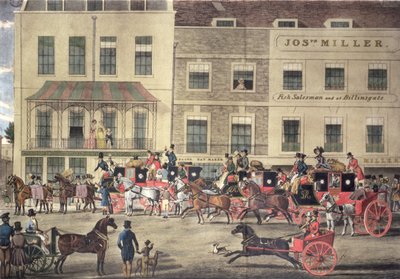 West Country Mails på Gloucester Coffee House, Piccadilly, gravert av C. Rosenberg, 1828 av James Pollard