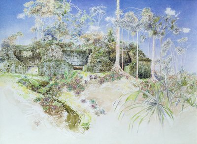 Ruined Temple, Tikal, Guatemala, 1984 (wc på papir) av James Reeve