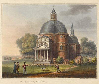 Kapellet i Waterloo, fra 'An Historical Account of the Battle of Waterloo', 1817 (farget akvatint) av James Rouse