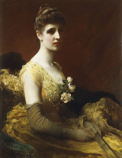 Portrett av Lady Dixon av Rheda, trekvart lengde, sittende iført en gul kjole med blomster som holder en vifte, av James Sant