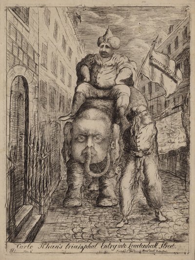 Carlo Khans Triumphal Entry into Leadenhall Street: satire over Whig-politikeren Charles James Fox og hans ambisjoner angående India av James Sayers