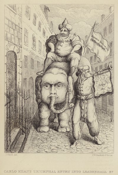 Carlo Khans Triumphal Entry into Leadenhall Street: satire over Whig-politikeren Charles James Fox og hans ambisjoner angående India av James Sayers