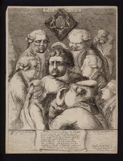 Pandemonium: satire over den politiske ustabiliteten i Storbritannia etter fallet av Fox-North-koalisjonen og dens erstatning med regjeringen til William Pitt den yngre, 1784 av James Sayers