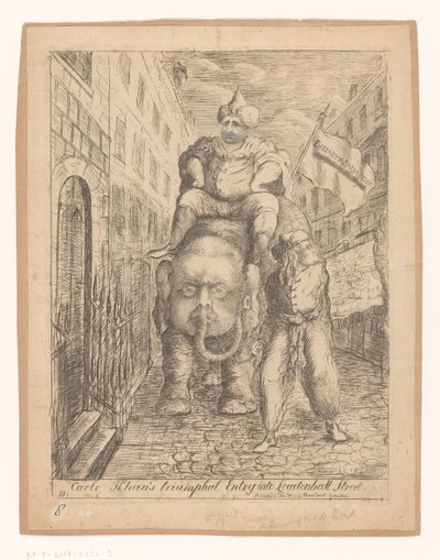 Spotprent på Charles Fox Carlo Khans triumferende inntog i Leadenhall Street (tittel på objekt) av James Sayers
