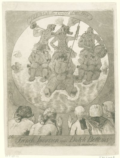 Spotprent op de Franse invasie, 1795 fransk invasjon på nederlandske bunner. Ombres Chinoises / Terror the Order of the Day (tittel på objekt) av James Sayers