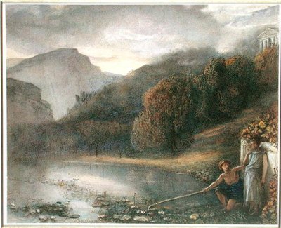 Landskap med tempel og pastorale figurer (akvarell på papir) av James Smetham