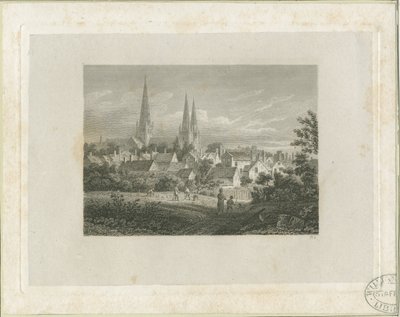 Lichfield Cathedral - North North West view (fjern): gravering, nd [c 1816] (trykk) av James Storer