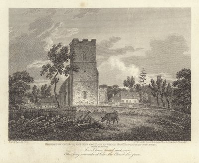 Robert Bloomfield, poet: Honington Church, and the Cottage der Robert Bloomfield ble født (gravering) av James Storer