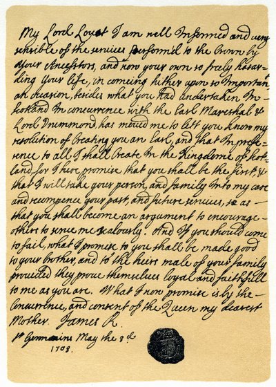 Brev fra James Edward Stuart til Simon Fraser, Lord Lovat, St Germains, 3. mai 1703. av James Stuart