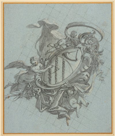 Et våpenskjold med et horn og tre lenker holdt oppe av en engel og to putti av James Thornhill