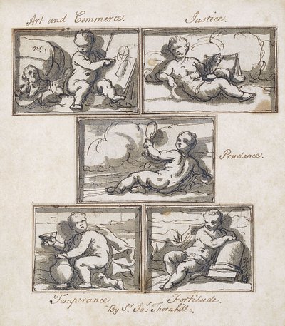 Kunst og handel; Rettferdighet; Forsiktighet; måtehold; og styrke, av James Thornhill