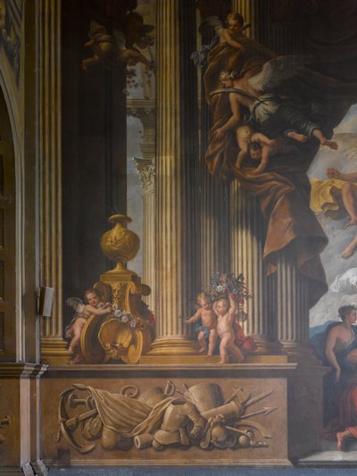 Detalj av vestveggen til den malte salen, ca. 1707-27 veggmaleri av James Thornhill
