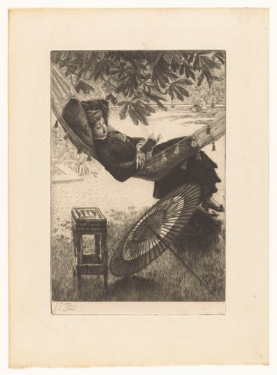 Ung kvinne som leser i en hengekøye av James Tissot