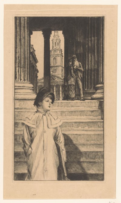 Ung kvinne går ned trappene til National Gallery i London av James Tissot