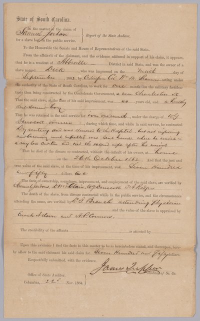 Krav tildelt av den konfødererte delstaten South Carolina for den slavede mannen Dick, 23. november 1864. av James Tupper