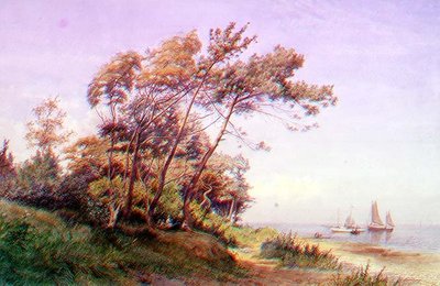 En piknik på kysten, Isle of Wight, med en yacht fortøyd offshore som flyr fenriken til Royal Yacht Squadron av James Waite