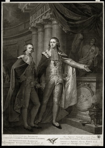 Portretter av storhertugene av Russland Alexander I Pavlovich (1777-1825) og Constantin Pavlovich (1779-1831). Verk av James Walker (1748-cirka 1808), gravering 1797. Engelsk kunst av James Walker