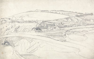 Landskap med gård og maisstokker (blyant på papir) av James Ward