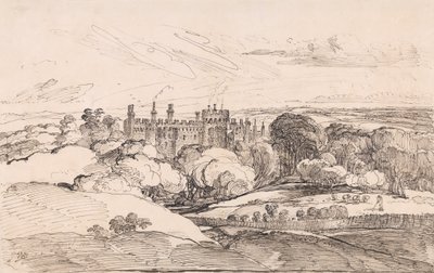 Lea Castle fra over skogen, 1814 (penn og svart blekk på papir) av James Ward