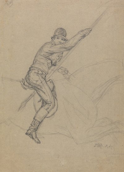 Sir Charles Blunt (f.1775) Hunting the Boar and Escaping from the Tiger: en studie for ett av et sett på fire malerier laget i 1815 (blyant forhøyet med hvitt på grått papir) av James Ward