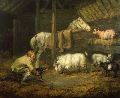 Ung gutt og hunden hans i en stall med hest og sau (olje på lerret) av James Ward