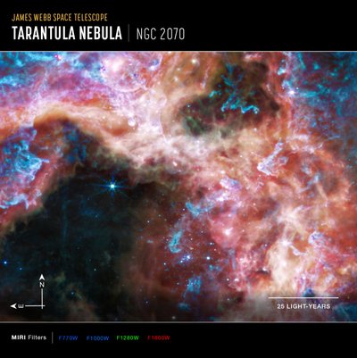 30 Doradus (MIRI kompassbilde) av James Webb Space Telescope (NASA)