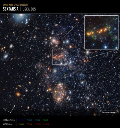 Sextans A – uttrekk av polycykliske aromatiske hydrokarboner (Compass-bilde) av James Webb Space Telescope (NASA)