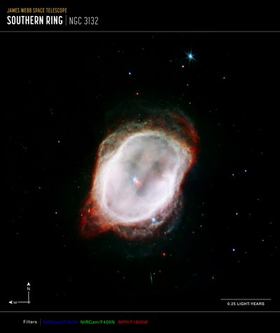 Southern Ring Nebula#39;s Gas (NIRCam og MIRI Composite Compass Image) av James Webb Space Telescope (NASA)