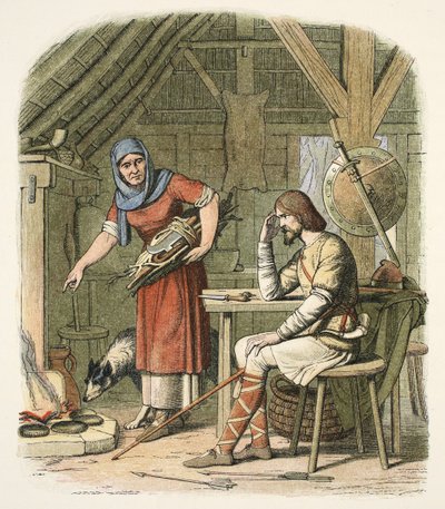 Alfred i netherds hytte, ca 878 e.Kr., fra A Chronicle of England BC 55 til AD 1485, pub. London av James William Edmund Doyle