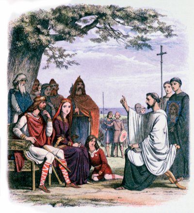 St Augustine forkynner for kong Ethelbert og dronning Bertha, 1800-tallet av James William Edmund Doyle